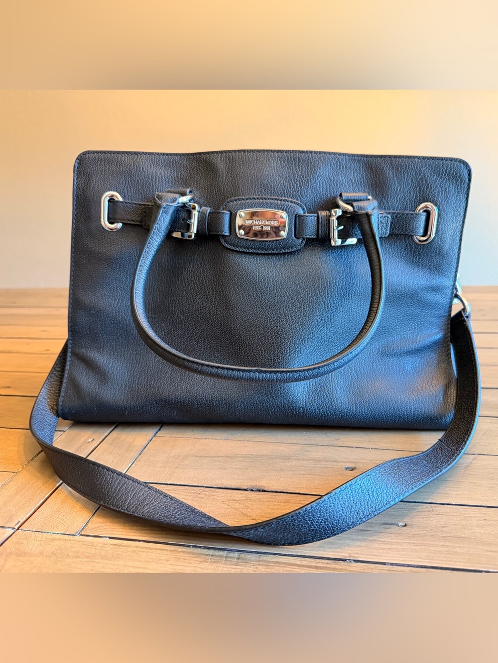 Michael Kors Black Leather Large Hamilton Tote with Silver Hardware